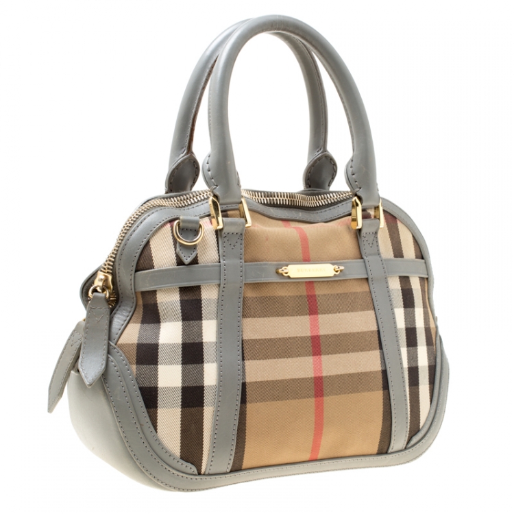 Pre Owned Burberry Grey House Check Fabric and Leather Orchard Bowler Bag