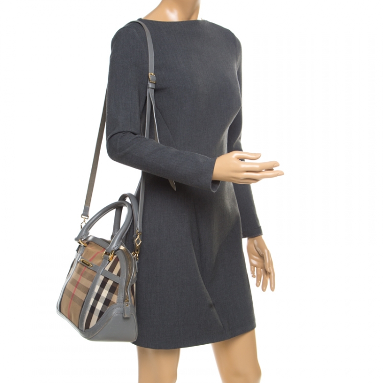 Pre Owned Burberry Grey House Check Fabric and Leather Orchard Bowler Bag