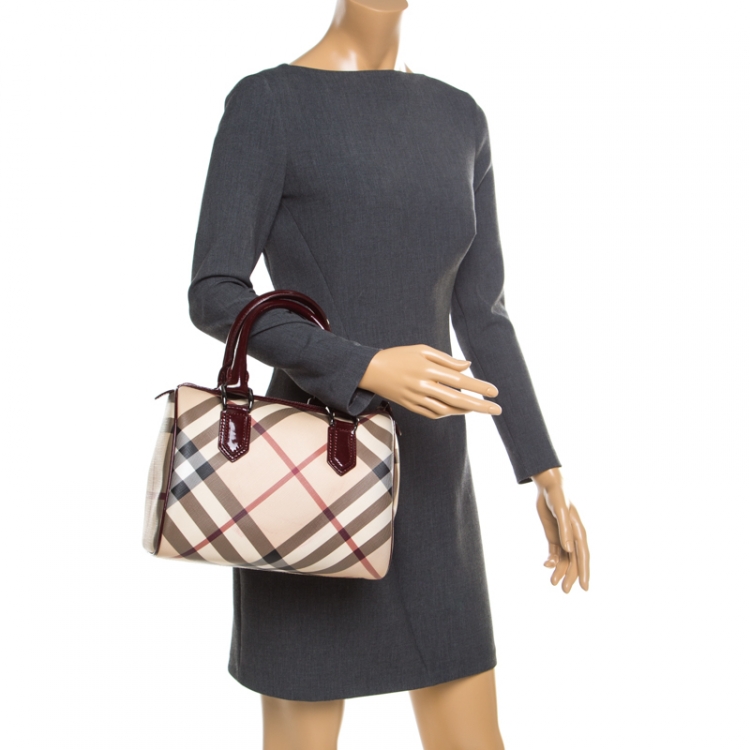 Pre Owned Burberry Burgundy Nova Check PVC Chester Boston Bag
