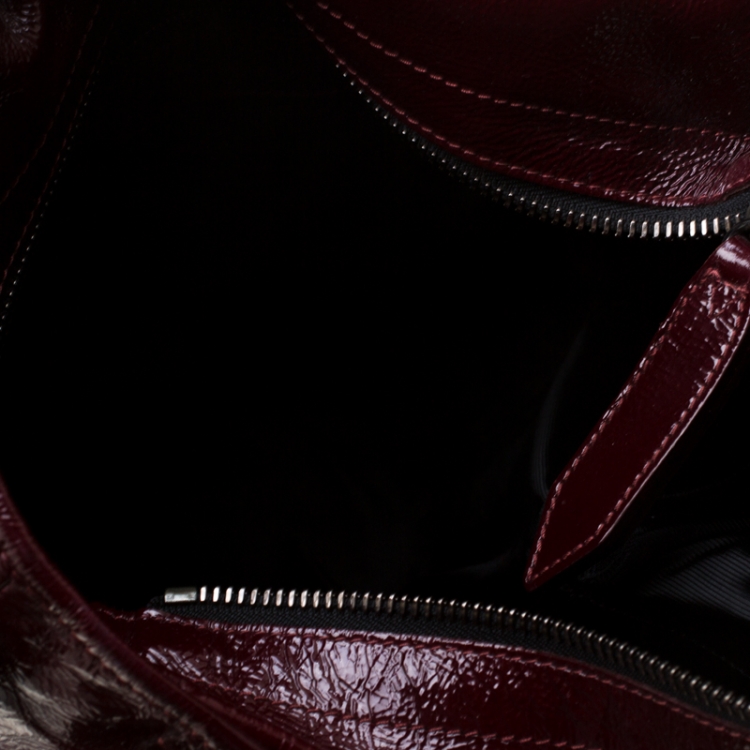 Pre Owned Burberry Burgundy Cartridge Patent Leather Lowry Top Handle Bag