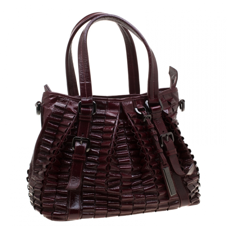 Pre Owned Burberry Burgundy Cartridge Patent Leather Lowry Top Handle Bag