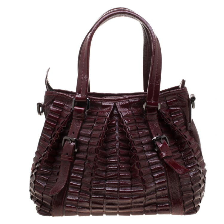 Pre Owned Burberry Burgundy Cartridge Patent Leather Lowry Top Handle Bag