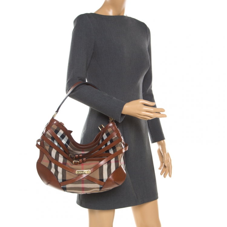 【良品】BURBERRY レザーホーボー ブラウン Burberry Brown House Check Canvas and Leather Briddle Hobo