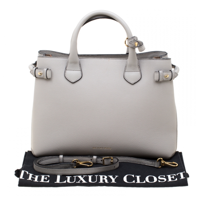 Pre Owned Burberry Grey Leather  House Check Canvas Medium Banner Top Handle Bag