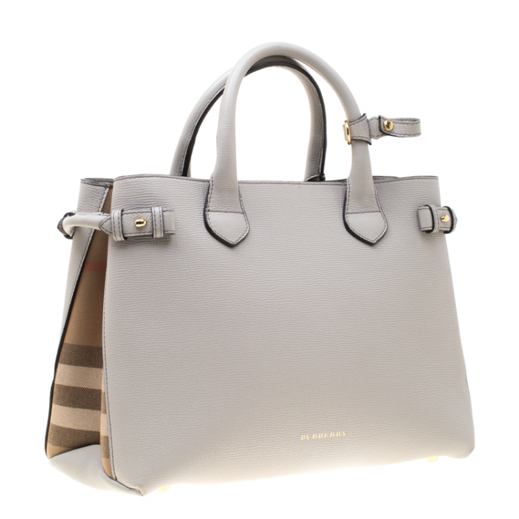 Pre Owned Burberry Grey Leather  House Check Canvas Medium Banner Top Handle Bag