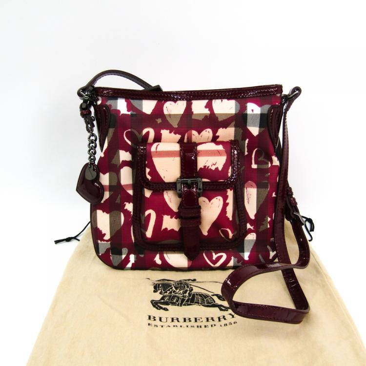 Pre Owned Burberry Bordeaux Nova Check PVC and Leather Heart Crossbody Bag