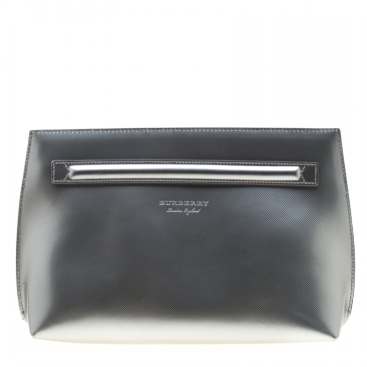 Pre Owned Burberry Silver Patent Leather Lock Trench Clutch