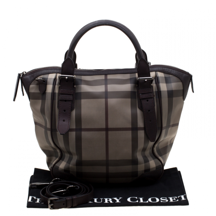 Pre Owned Burberry Dark Brown Smoked Check PVC and Leather Satchel