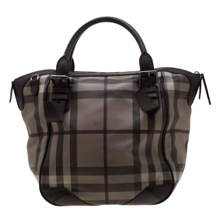 Pre Owned Burberry Dark Brown Smoked Check PVC and Leather Satchel