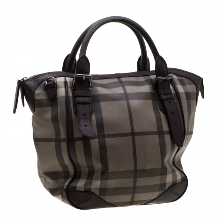 Pre Owned Burberry Dark Brown Smoked Check PVC and Leather Satchel