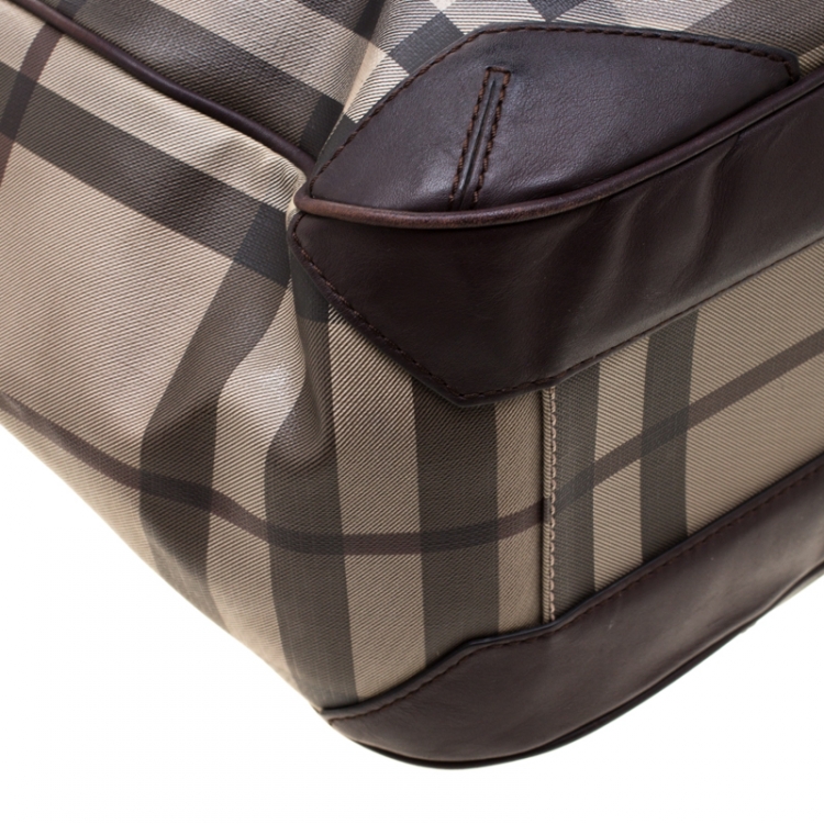 Pre Owned Burberry Dark Brown Smoked Check PVC and Leather Satchel