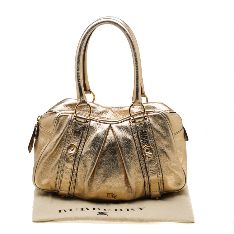 Pre Owned Burberry Gold Metallic Leather Ashbury Satchel