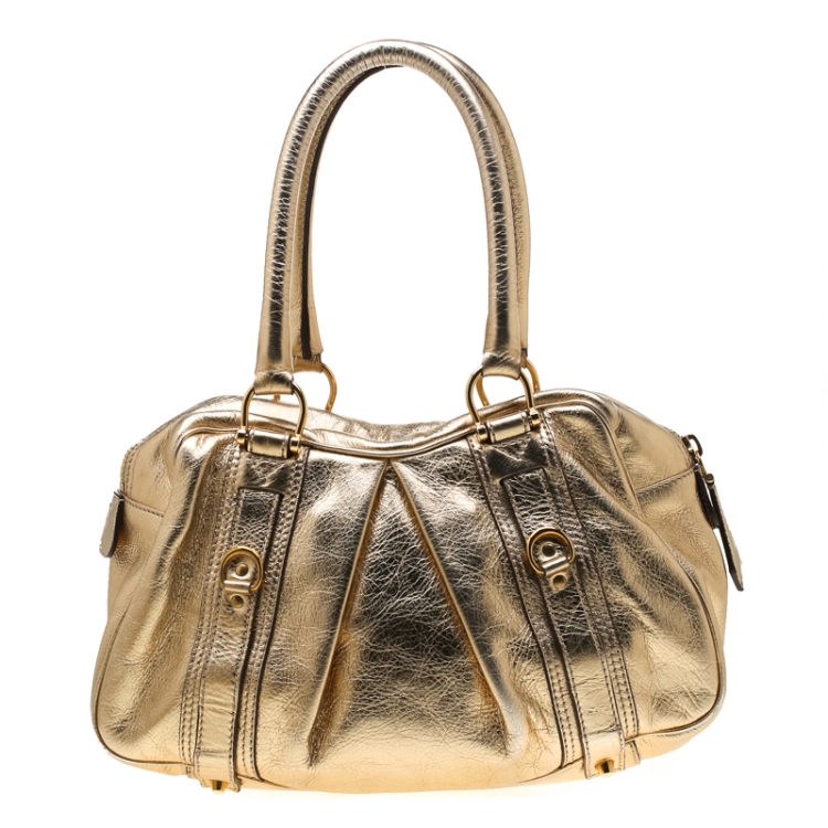 Pre Owned Burberry Gold Metallic Leather Ashbury Satchel