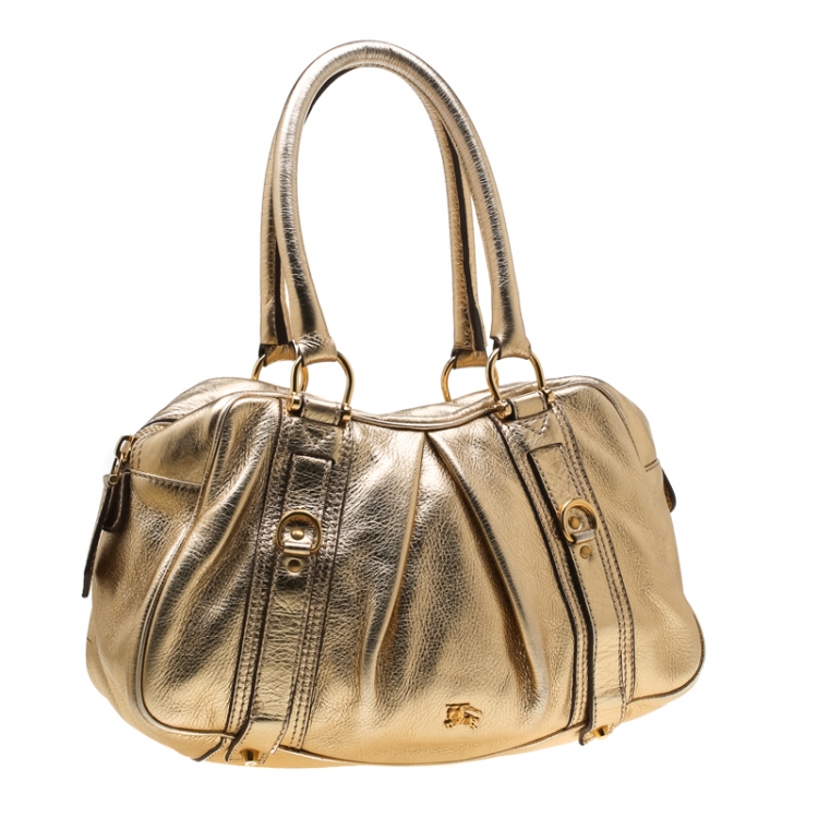 Pre Owned Burberry Gold Metallic Leather Ashbury Satchel