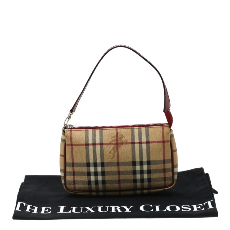 Pre Owned Burberry Beige/Red Haymarket Check PVC and Leather Pochette Bag