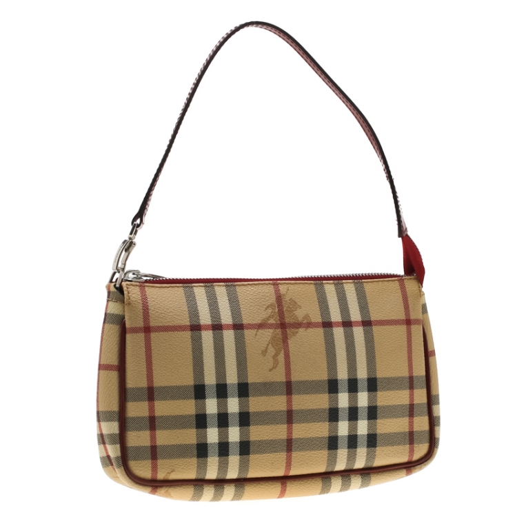 Pre Owned Burberry Beige/Red Haymarket Check PVC and Leather Pochette Bag