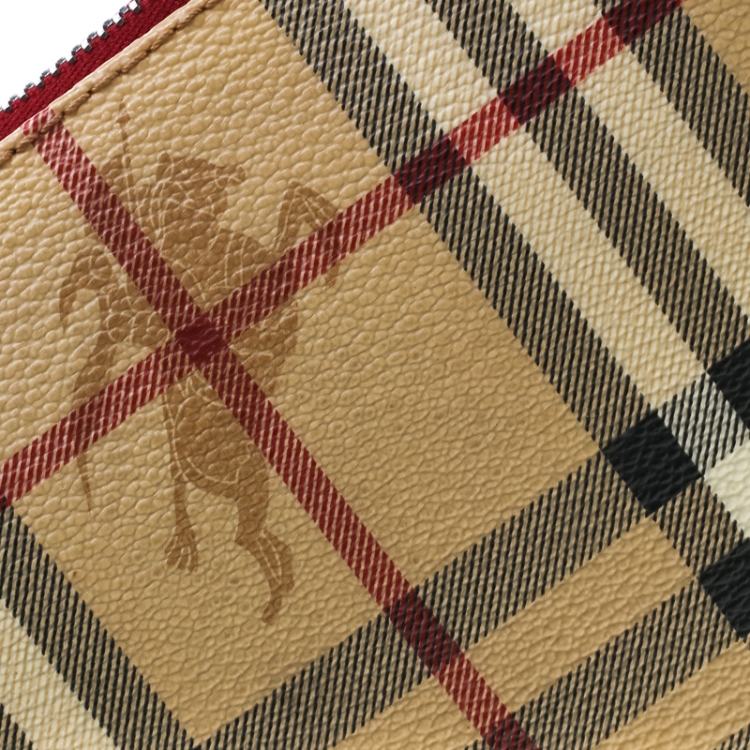 Pre Owned Burberry Beige/Red Haymarket Check PVC and Leather Pochette Bag