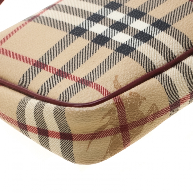 Pre Owned Burberry Beige/Red Haymarket Check PVC and Leather Pochette Bag