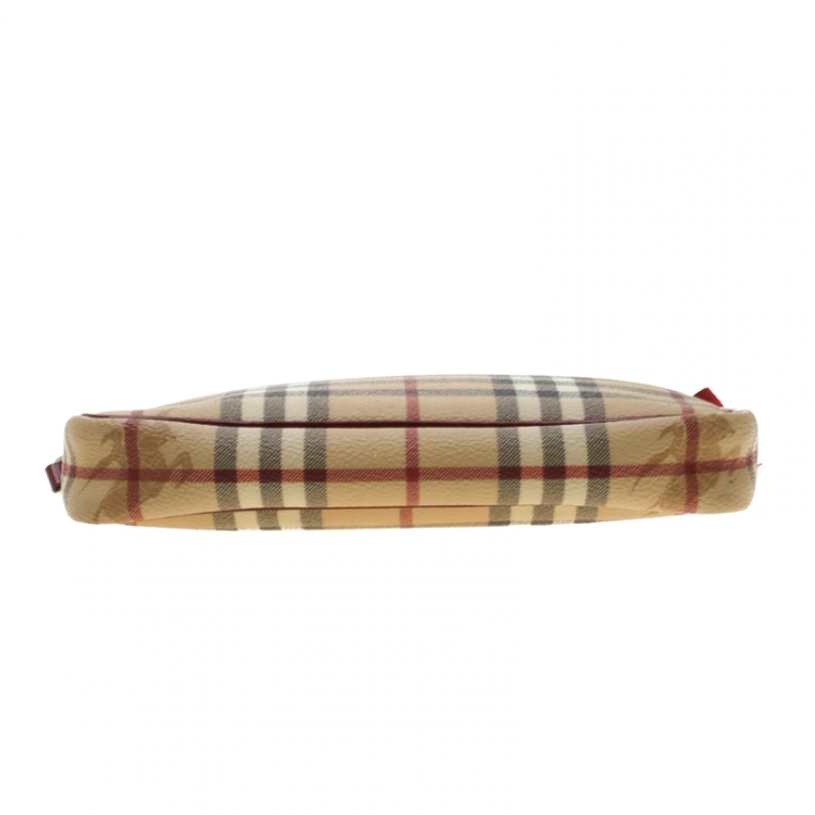Pre Owned Burberry Beige/Red Haymarket Check PVC and Leather Pochette Bag