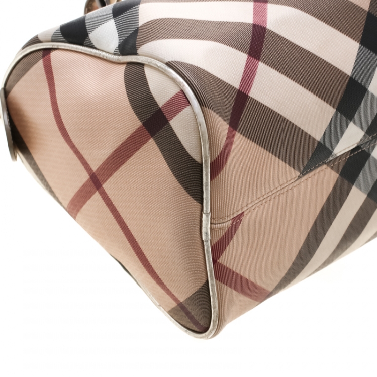 Pre Owned Burberry Silver Nova Check PVC and Leather Chester Boston Bag