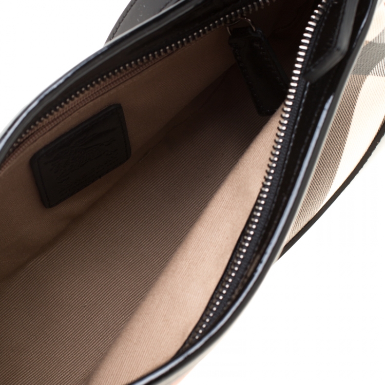 Pre Owned Burberry Black/Beige Nova Check PVC and Patent Leather Small Newbury Sling Bag