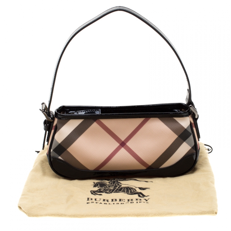 Pre Owned Burberry Black/Beige Nova Check PVC and Patent Leather Small Newbury Sling Bag