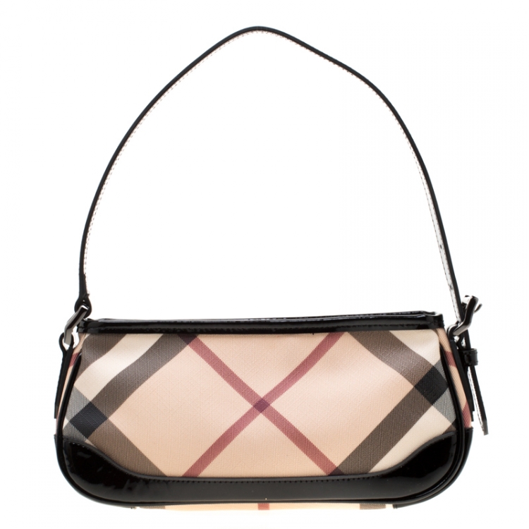 Pre Owned Burberry Black/Beige Nova Check PVC and Patent Leather Small Newbury Sling Bag