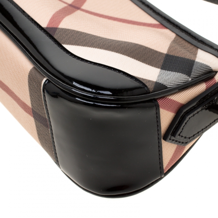 Pre Owned Burberry Black/Beige Nova Check PVC and Patent Leather Small Newbury Sling Bag