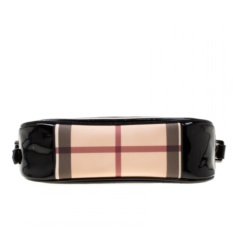 Pre Owned Burberry Black/Beige Nova Check PVC and Patent Leather Small Newbury Sling Bag