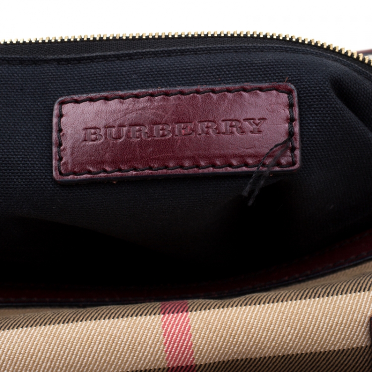 Pre Owned Burberry Burgundy House Check Fabric and Leather Bridle Chester Bowler Bag