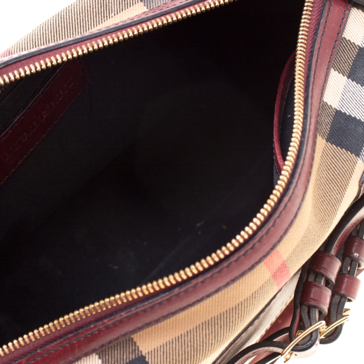 Pre Owned Burberry Burgundy House Check Fabric and Leather Bridle Chester Bowler Bag