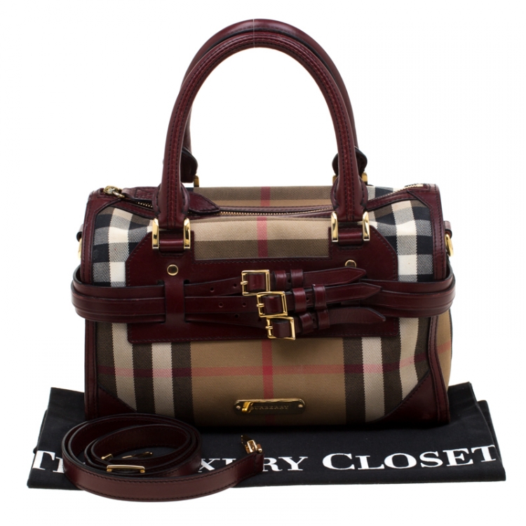 Pre Owned Burberry Burgundy House Check Fabric and Leather Bridle Chester Bowler Bag