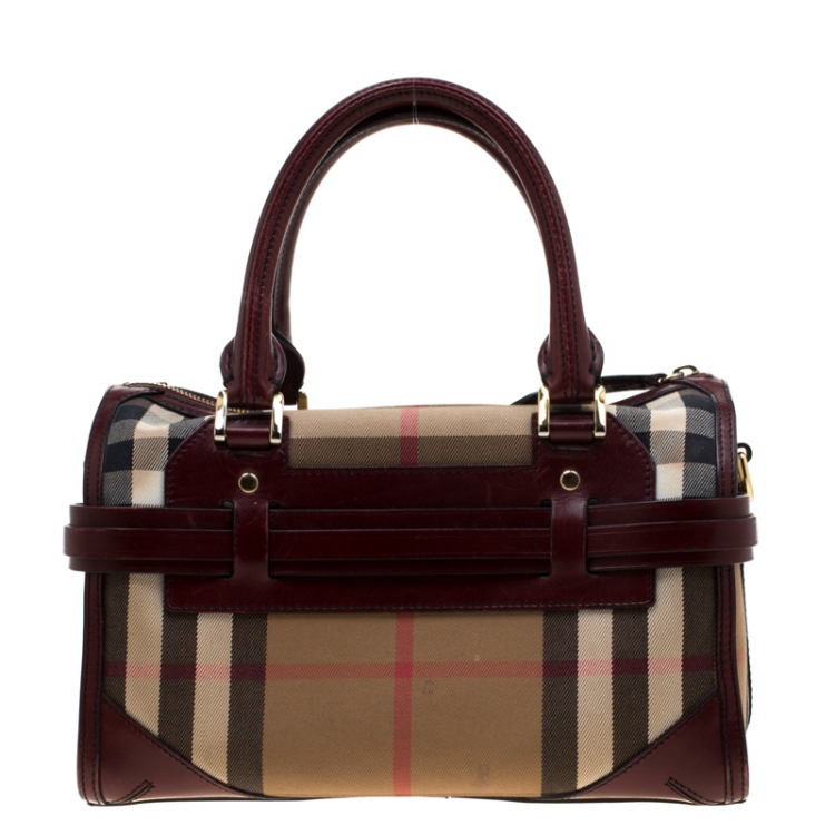 Pre Owned Burberry Burgundy House Check Fabric and Leather Bridle Chester Bowler Bag
