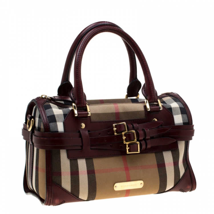 Pre Owned Burberry Burgundy House Check Fabric and Leather Bridle Chester Bowler Bag