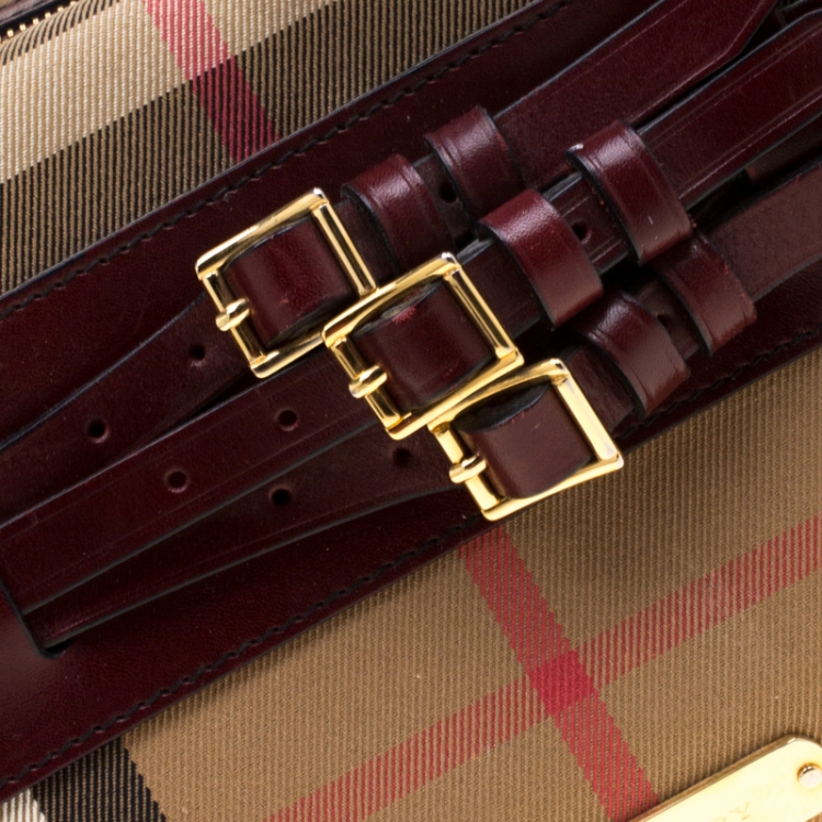 Pre Owned Burberry Burgundy House Check Fabric and Leather Bridle Chester Bowler Bag