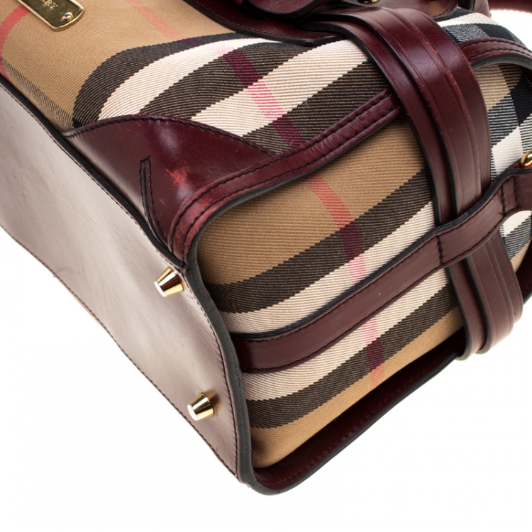 Pre Owned Burberry Burgundy House Check Fabric and Leather Bridle Chester Bowler Bag