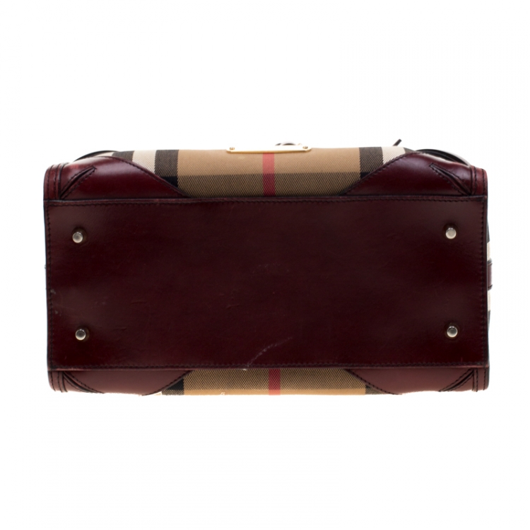 Pre Owned Burberry Burgundy House Check Fabric and Leather Bridle Chester Bowler Bag