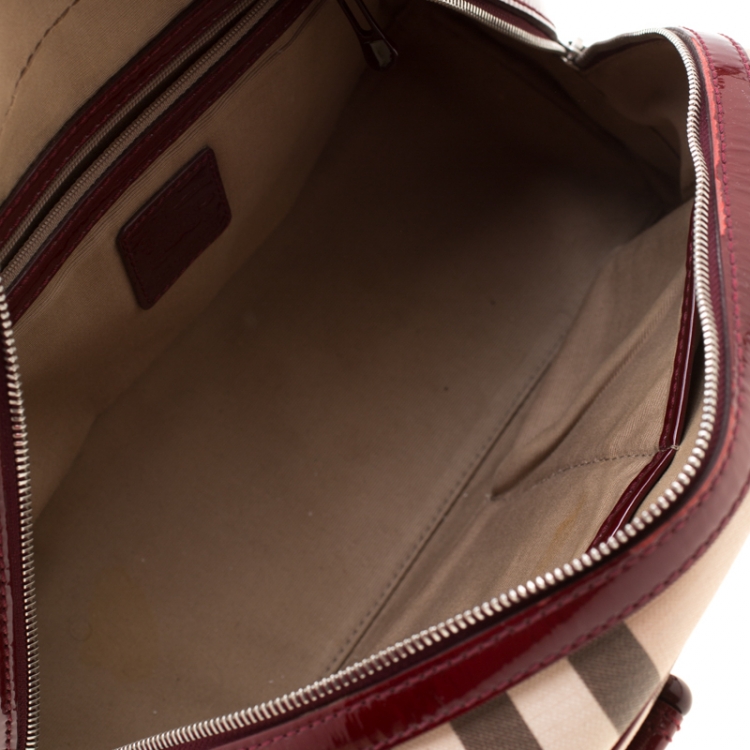 Pre Owned Burberry Beige/Maroon Nova Check PVC and Patent Leather Satchel