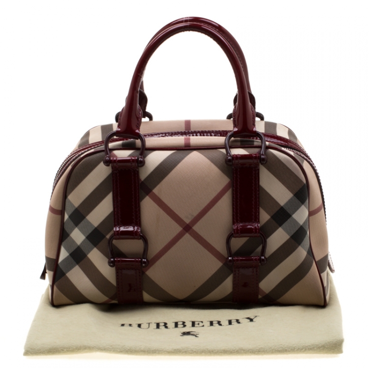 Pre Owned Burberry Beige/Maroon Nova Check PVC and Patent Leather Satchel