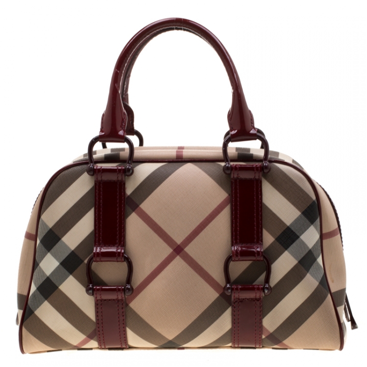 Pre Owned Burberry Beige/Maroon Nova Check PVC and Patent Leather Satchel