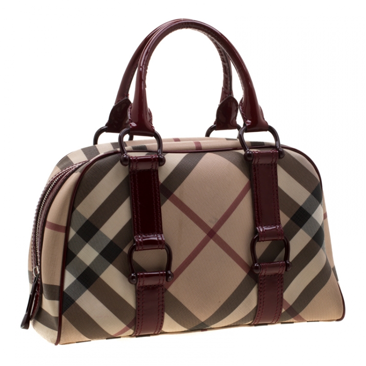 Pre Owned Burberry Beige/Maroon Nova Check PVC and Patent Leather Satchel