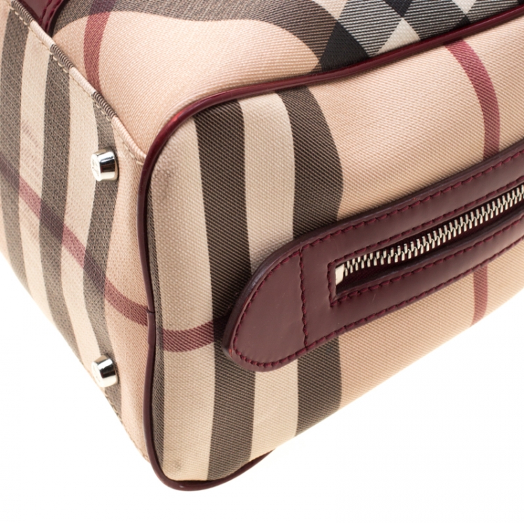 Pre Owned Burberry Beige/Maroon Nova Check PVC and Patent Leather Satchel