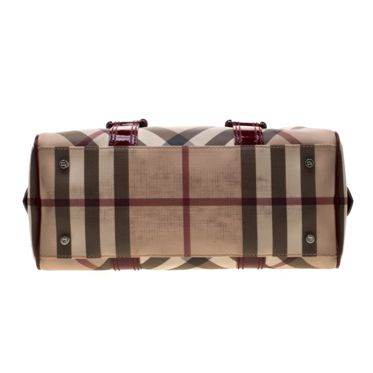 Pre Owned Burberry Beige/Maroon Nova Check PVC and Patent Leather Satchel