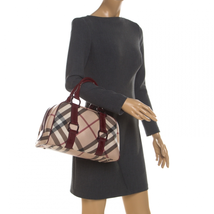 Pre Owned Burberry Beige/Maroon Nova Check PVC and Patent Leather Satchel