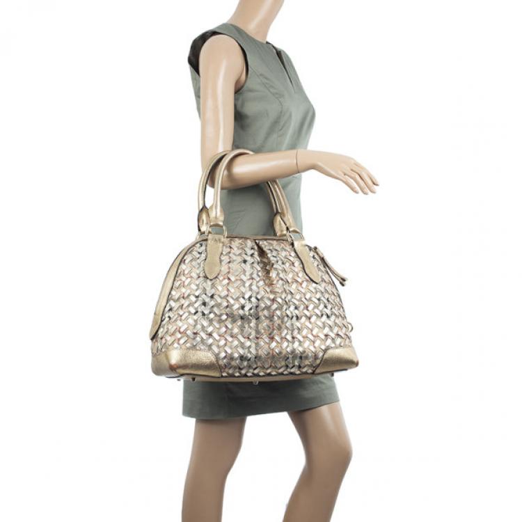 Pre Owned Burberry Metallic Gold Woven Top Handle Bag 