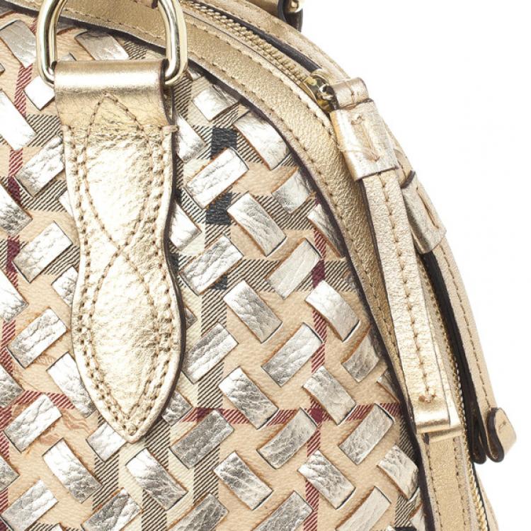 Pre Owned Burberry Metallic Gold Woven Top Handle Bag 