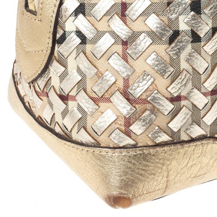 Pre Owned Burberry Metallic Gold Woven Top Handle Bag 