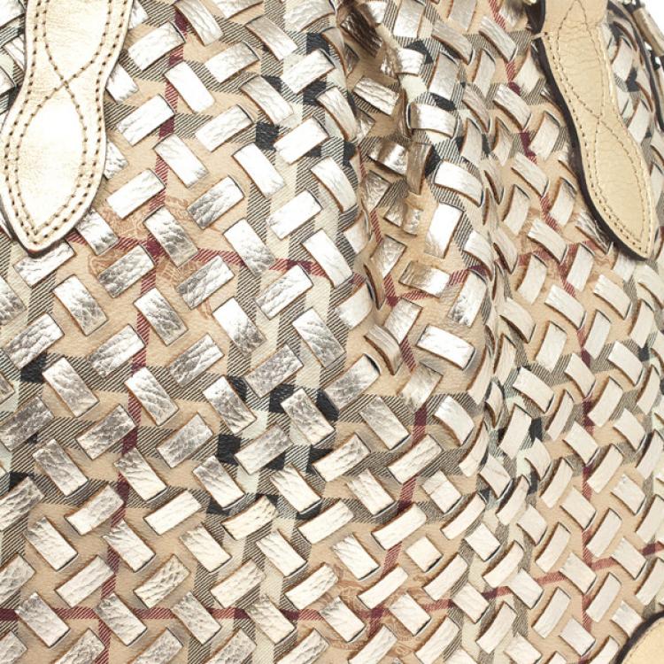 Pre Owned Burberry Metallic Gold Woven Top Handle Bag 