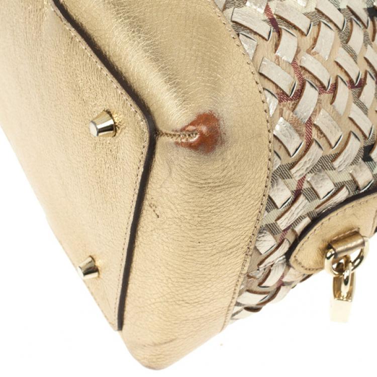 Pre Owned Burberry Metallic Gold Woven Top Handle Bag 