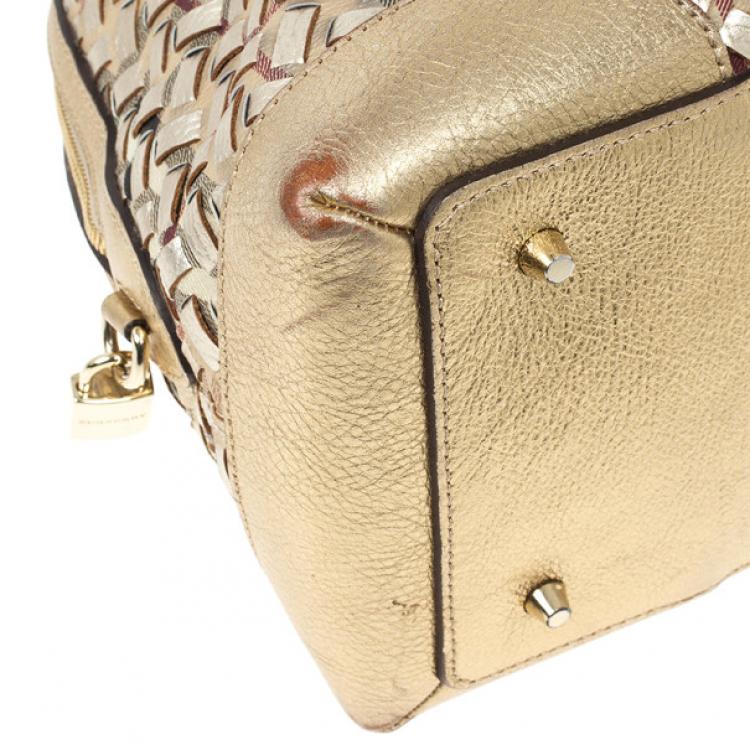 Pre Owned Burberry Metallic Gold Woven Top Handle Bag 